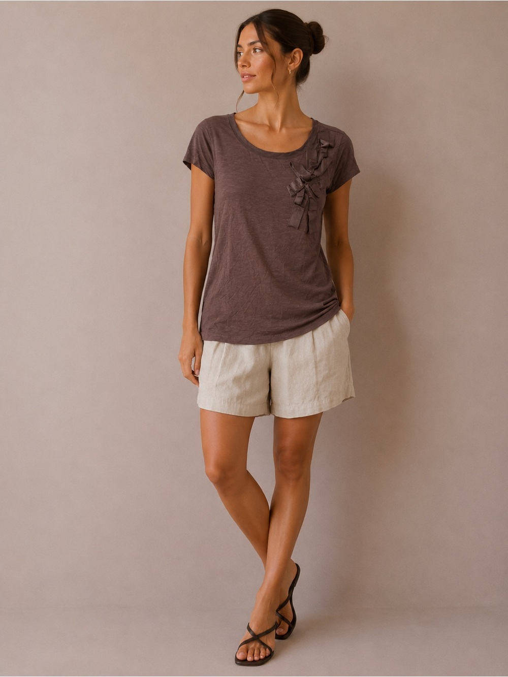 LOFT Brown Bow Accent Scoop Neck Tee with Decorative Ruffle 100% Cotton Size L